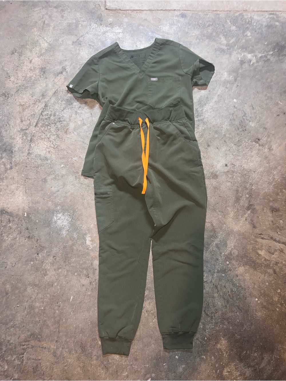 Figs Olive Green Jogger Scrub Pants with Orange Drawstring